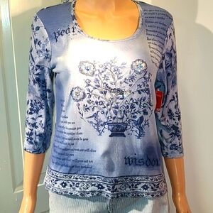 Gloria Vanderbilt Sequins & Rhinestone Embellished   Blue Floral Blouse